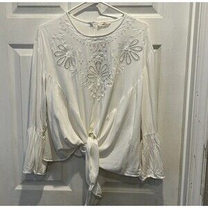 Hummingbird Boho Lace Bell Sleeve Button Back Tie Hem Top Large White Beachy‎
